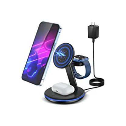 Magnetic Wireless Charging Station for Apple Series, 3-in-1 Standard 15W Fast Mag-Safe Charger Stand with QC3.0 Adapter